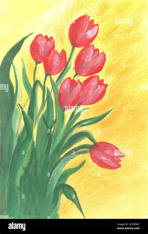Red Tulips Flowers Watercolor Painting Creative Abstract Composition