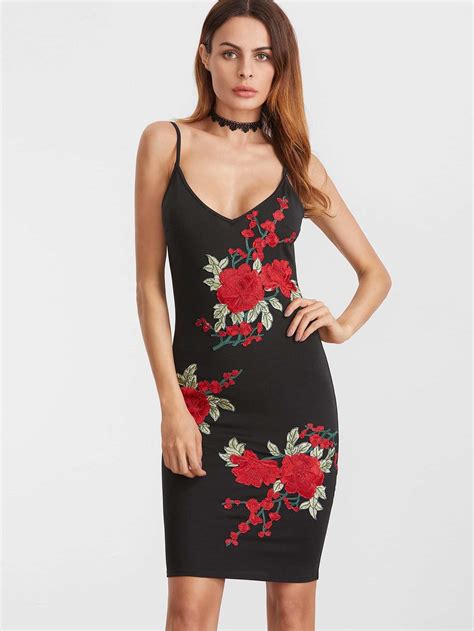 embroidered rose applique scoop back cami bodycon dress shein sheinside