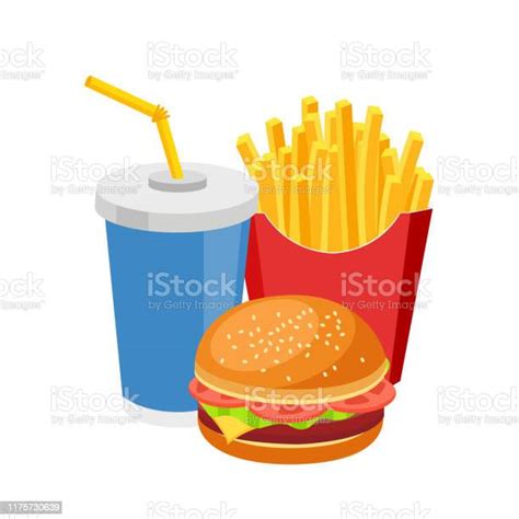 Fast Food Meal Colorful Burger French Fries And Soda Isolated On White
