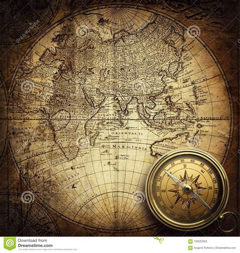 Old Vintage Retro Compass On Ancient Map Background Stock Image