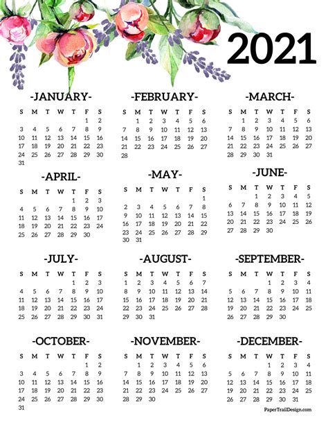2021 Calendar Printable One Page Printable Calendar 2023