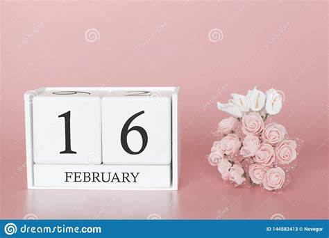 February 16th Day 16 Of Month Calendar Cube On Modern Pink Background