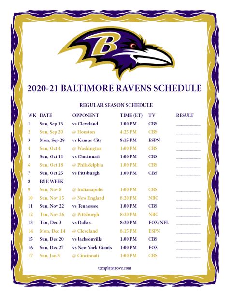 printable 2020 2021 baltimore ravens schedule