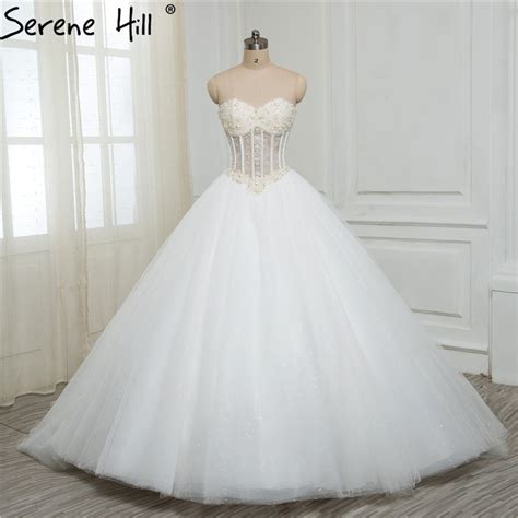 Luxurious Bling Strapless Wedding Dresses Corset Bodice Sheer Bridal
