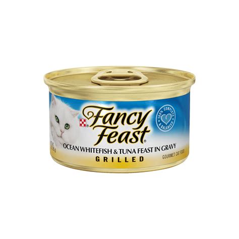A variety of tastes and textures, from smooth pate to tender bites in sauce. Purina Fancy Feast Grilled Ocean Whitefish & Tuna Feast in ...