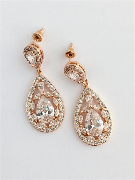 Rose Gold Cubic Zirconia Earrings Rose Gold Teardrop Bridal Etsy