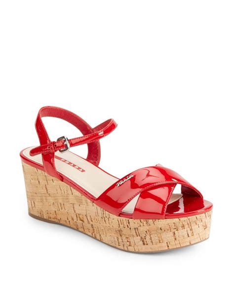 Prada Patent Leather Cork Wedge Sandals In Red Lyst