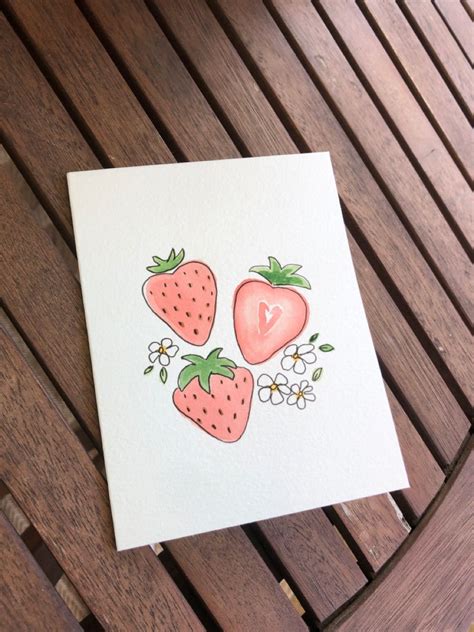 Hand Painted Strawberry Card Aesthetic Fruit Floral Blank Inside