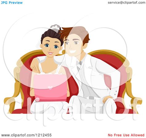 Cartoon of a Happy Couple Wedding Shopping on Their Laptop - Royalty