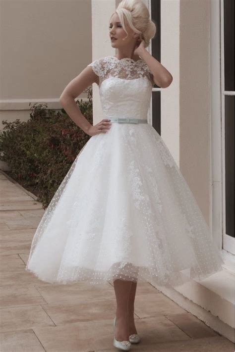 White Tea Length Lace Retro Wedding Dress Polka Dot Tea Length Wedding