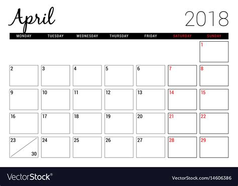 April 2018 Printable Calendar Planner Design Vector Image
