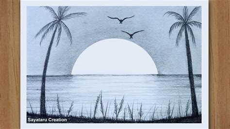 Beach Pencil Sunset Scenery Sketch Sketch The Ground Line Lightly