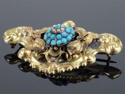 Rare Antique Victorian C1850 Austro Hungarian Turquoise 18k Gold Brooch