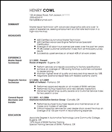 The resume uses a job title line that highlights the gm and ase master. Free Professional Mechanic Resume Template | Resume-Now