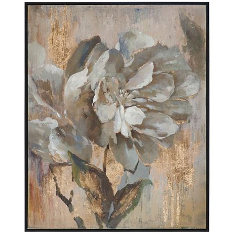 Shades of green, gray, and slate blue are accented with metallic, gold leaf details in this contemporary piece. Uttermost Dazzling Floral Art - 35330