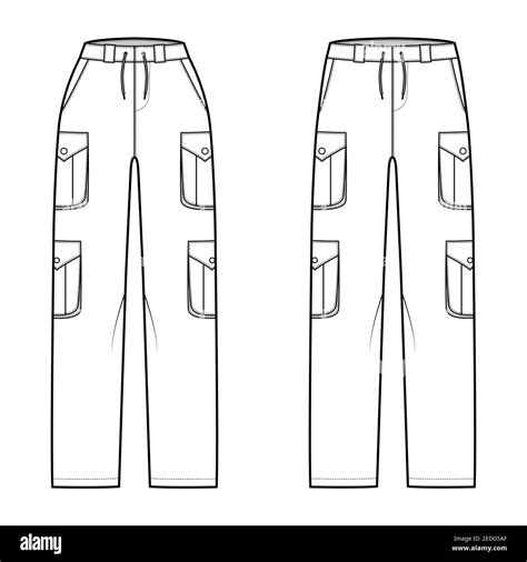 Set Of Cargo Pants Technical Fashion Illustration With Normal Low Waist