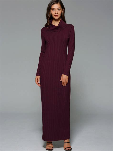 Wine Red 2xl Maxi Slit Ribbed Long Sleeve Winter Dress