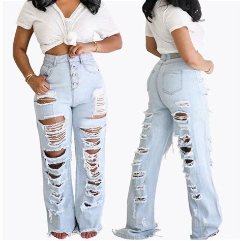 Street Front Back Holes Distressed Ripped Jeans For Women Loose Hig Womens Ripped Jeans