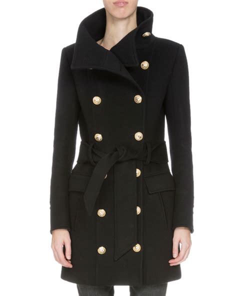 Balmain Doubled Breasted Belted Wool Blend Coat Black