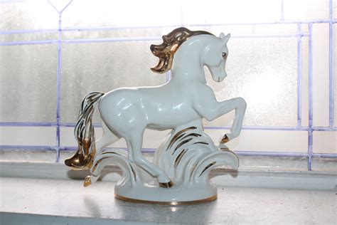 Large Vintage Lomonosov Porcelain Horse Statue White With Gold Trim