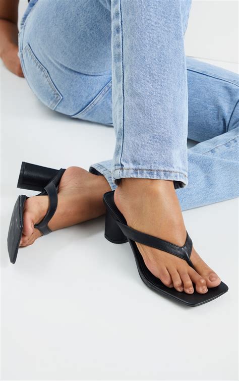 Black Toe Thong Mid Block Heel Sandals Prettylittlething Uae
