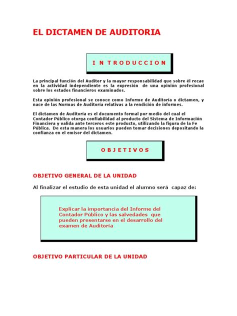 El Dictamen De Auditoria Auditoría Financiera Principios Contables