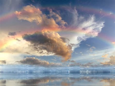 Rainbow Blue Sky White Fluffy Clouds Sea Water Wave Reflection Nature