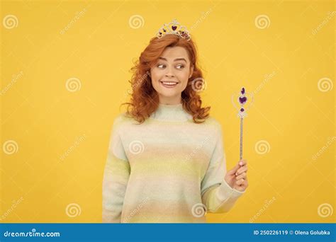 Happy Redhead Woman In Queen Crown With Magic Wand Magic Stock Image