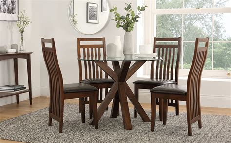 Hatton Round Dark Wood And Glass Dining Table With 4 Java Chairs Brown Leather Seat Pad