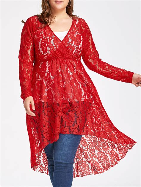 17 Off 2021 Plus Size Sheer Lace Empire Waist High Low Blouse In Red