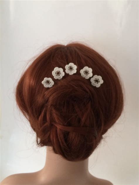 Bridal Flower Hair Bobby Pins Set Of 5 Ivory Crochet Flowers Crystal Beads Bridesmaid