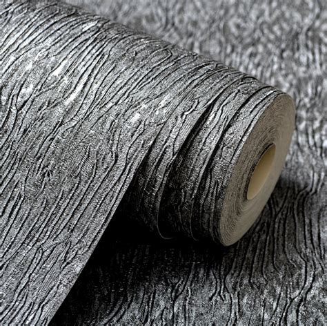 Silver Grey Black Metallic Textured Wallpaper Roll Gray Modern Striped