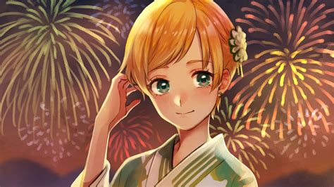 yellow hair anime girl kimono in fireworks background hd anime girl wallpapers hd wallpapers