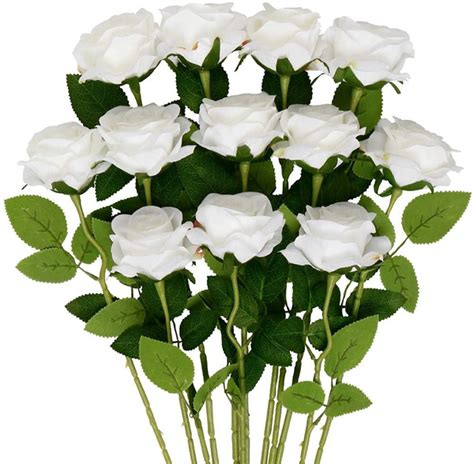 12pcs rose artificial flowers white silk roses realistic single stem fake rose bouquet for