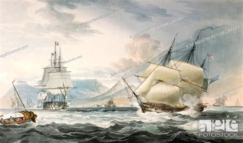 Royal Navy Ships Off The Cape Of Good Hope Table Bay Colour Engraving