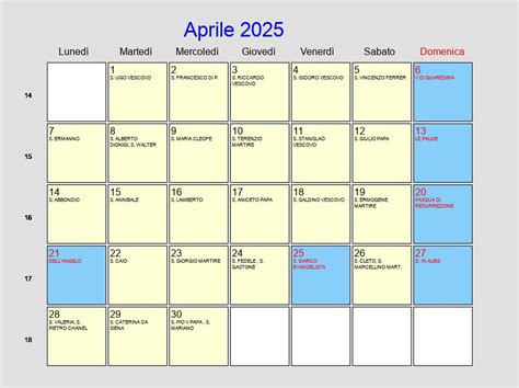 calendario aprile 2025 con festività e fasi lunari pasqua