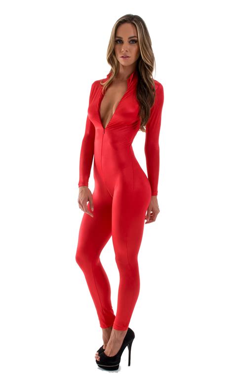 Front Zipper Catsuit Bodysuit In Wet Look Red Skinzwear Com