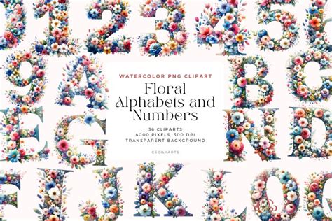 Watercolor Floral Alphabets And Numbers Clipart