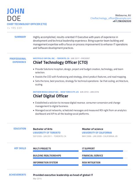 This makes sense when you consider the following resume examples can give you inspiration when you feel tired of your existing resume, or if you feel stuck on what a new resume should look like. Chief Technology Officer Resume Example With Content Sample | CraftmyCV