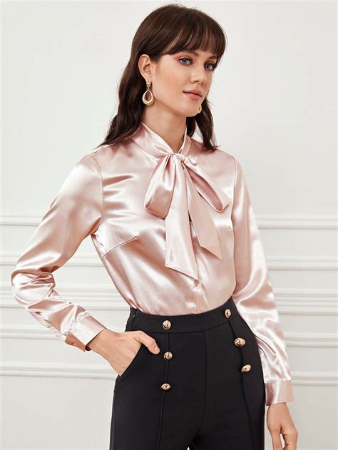 Pink Pastel Tie Neck Button Front Satin Blouse CS In With Images Satin Blouse