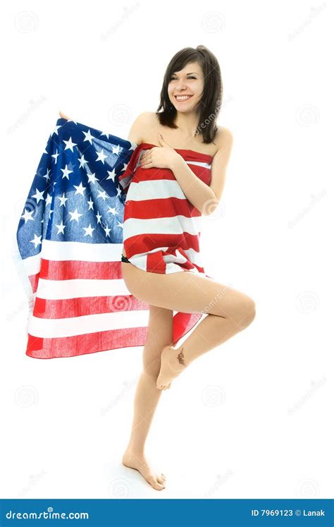 Cheerful Girl Wrapped Into The American Flag Stock Image Image Of Patriot Naked
