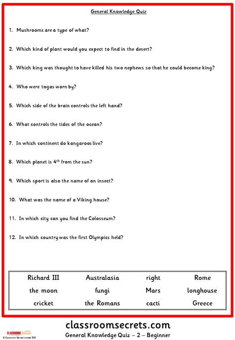 Multiple choice general knowledge quiz with answers. General Knowledge Quiz | Classroom Secrets