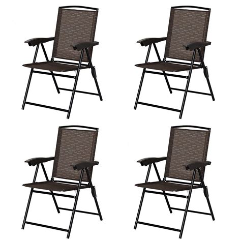 Giantex set of 2 patio folding chairs, sling chairs, indoor outdoor lawn chairs, camping garden pool beach yard lounge chairs w/armrest, patio dining chairs, metal frame no assembly, black. 4 pcs Folding Sling Chairs with Steel Armrest and ...