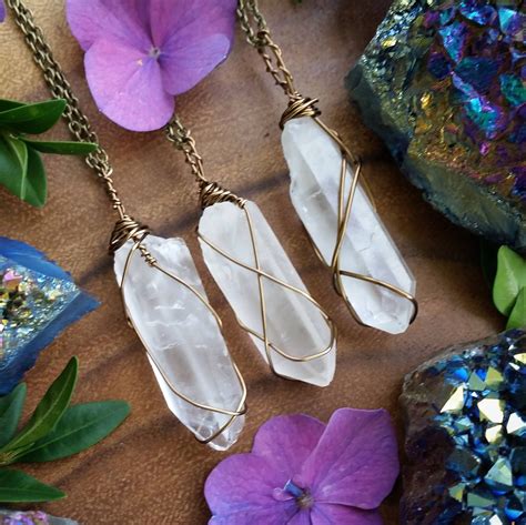 Quartz Necklace Pendant Wire Wrapped Healing Stone Bronze Crystal