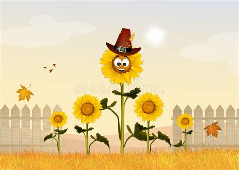 Sunflowers Cartoon With Wheelbarrow And Shovel Grown In A Garden
