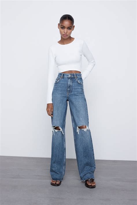 Zara Wide Leg Full Length Ripped Jeans 95295110 400