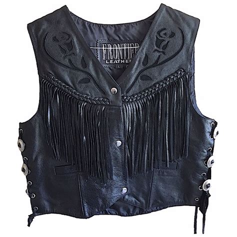 Leather Fringe Concho Vest Black Moto Womens Rose Detail Braided Corset Lace Up Sides By