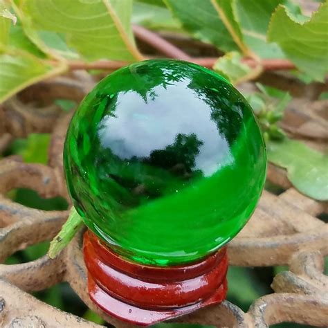 emerald green glass crystal ball wood stand 40mm divination gazing sphere scrying orb wiccan