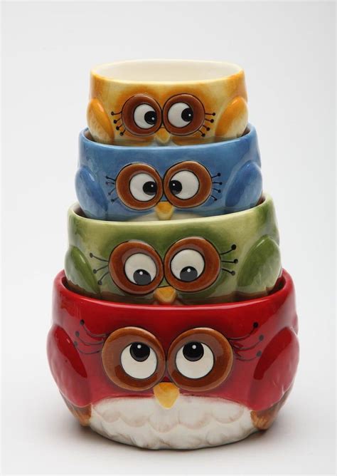 Colorful Owl Measuring Cupsspoons Set Of Bowls Set Of 4 Etsy Owl Kitchen Ceramic Owl Owl