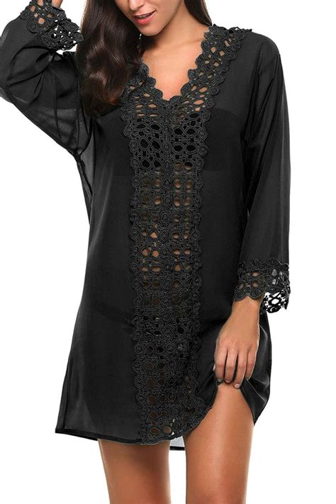 Womens Sheer Lace Beach Cover Up Deep V Chiffon Beachwear Blouse Bikini